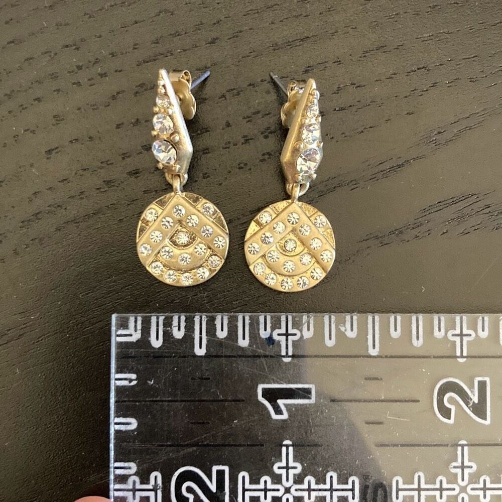 Women’s Gold Tone Crystal Drop Earrings Geometric Disc Dangle Vintage Style - Picture 2 of 2